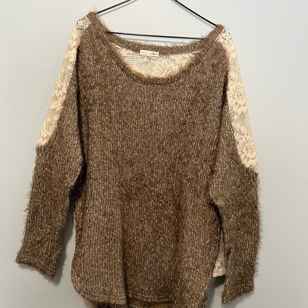 Brown Knit Sweater with Lace Sleeves
